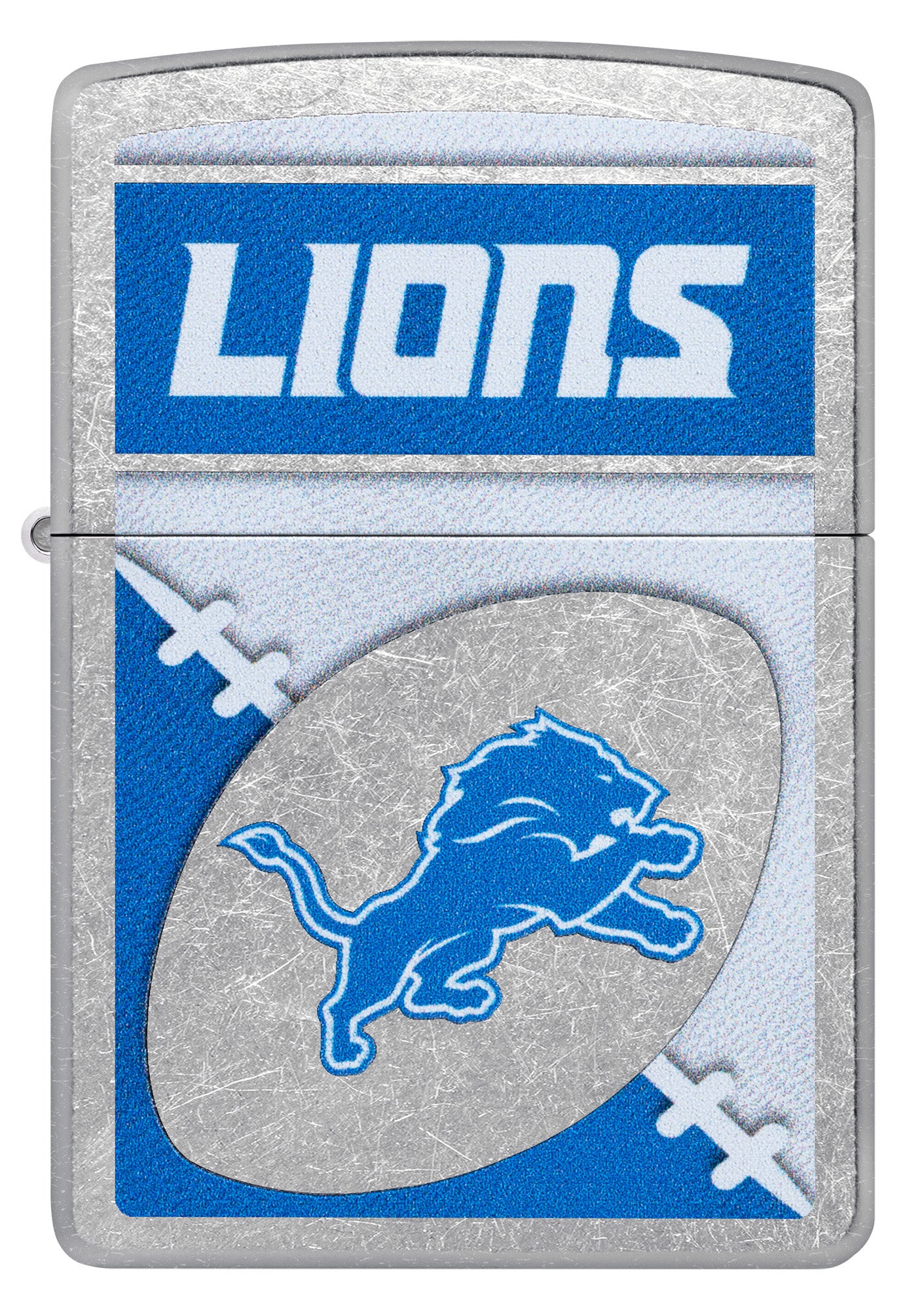 Front view of Zippo NFL Detroit Lions Street Chrome Windproof Lighter.