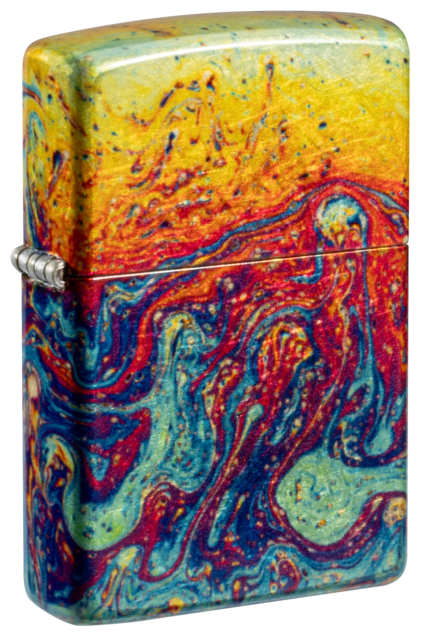 Front shot of Zippo Magma Fusion Design 540 Tumbled Brass Windproof Lighter standing at a 3/4 angle.