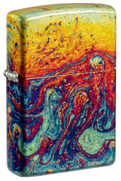Front shot of Zippo Magma Fusion Design 540 Tumbled Brass Windproof Lighter standing at a 3/4 angle.