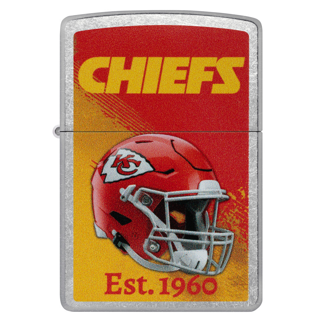 Front view of Zippo NFL Kansas City Chiefs Helmet Design Street Chrome Windproof Lighter.