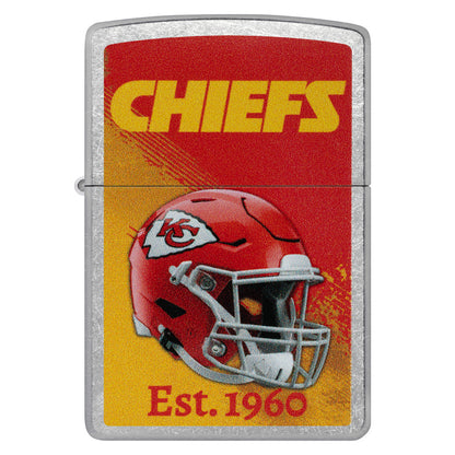 Front view of Zippo NFL Kansas City Chiefs Helmet Design Street Chrome Windproof Lighter.