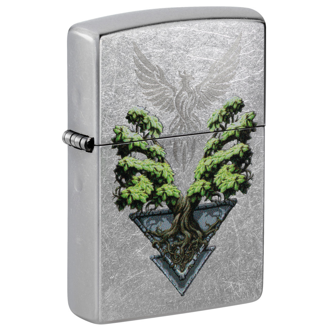 Front shot of Zippo Phoenix Tree Design Street Chrome Windproof Lighter standing at a 3/4 angle.