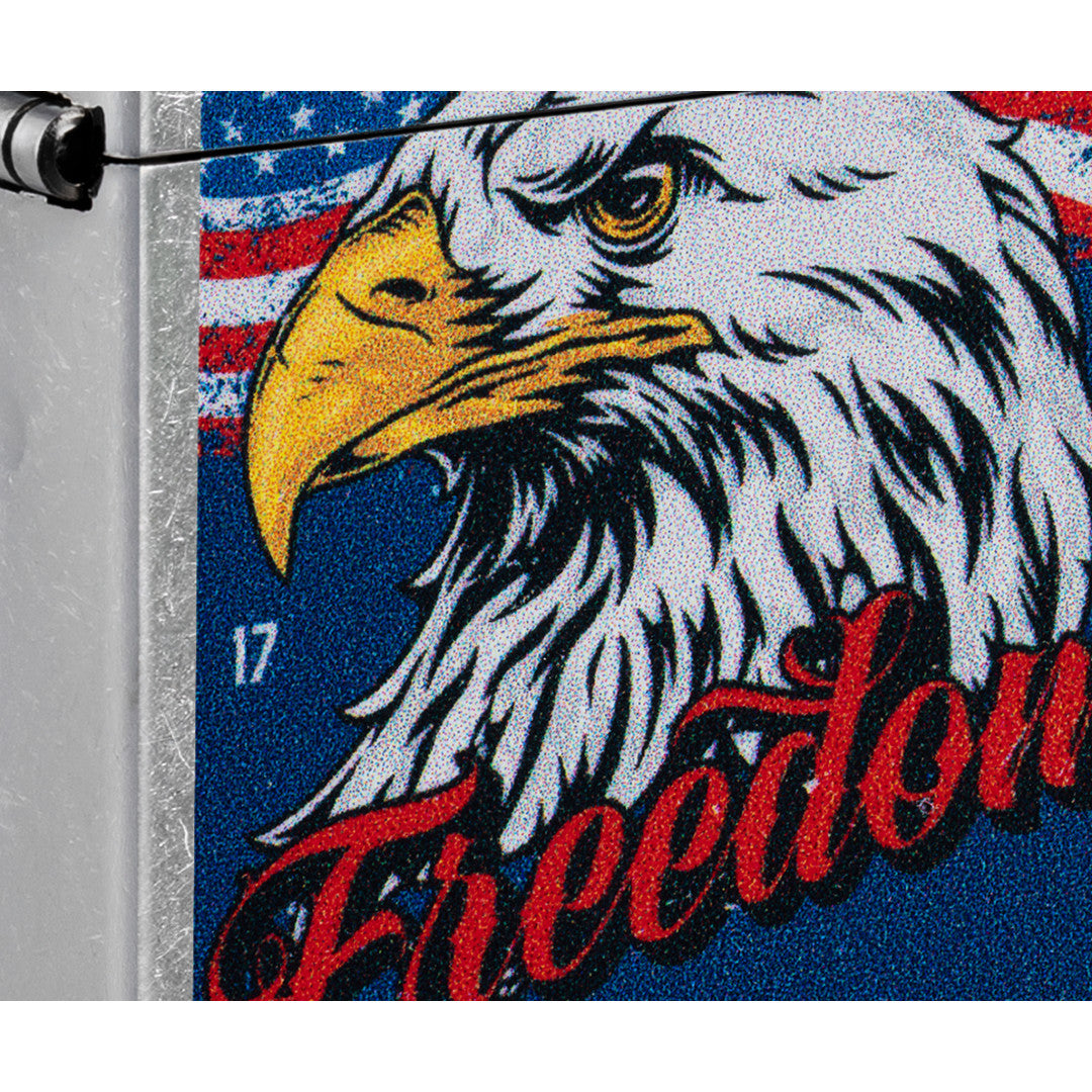 Front view of Zippo Freedom Eagle Design Street Chrome Windproof Lighter close up to show the detail of the lighter.
