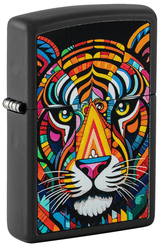 Front shot of Zippo Tiger Stripes Design Black Matte Windproof Lighter standing at a 3/4 angle.