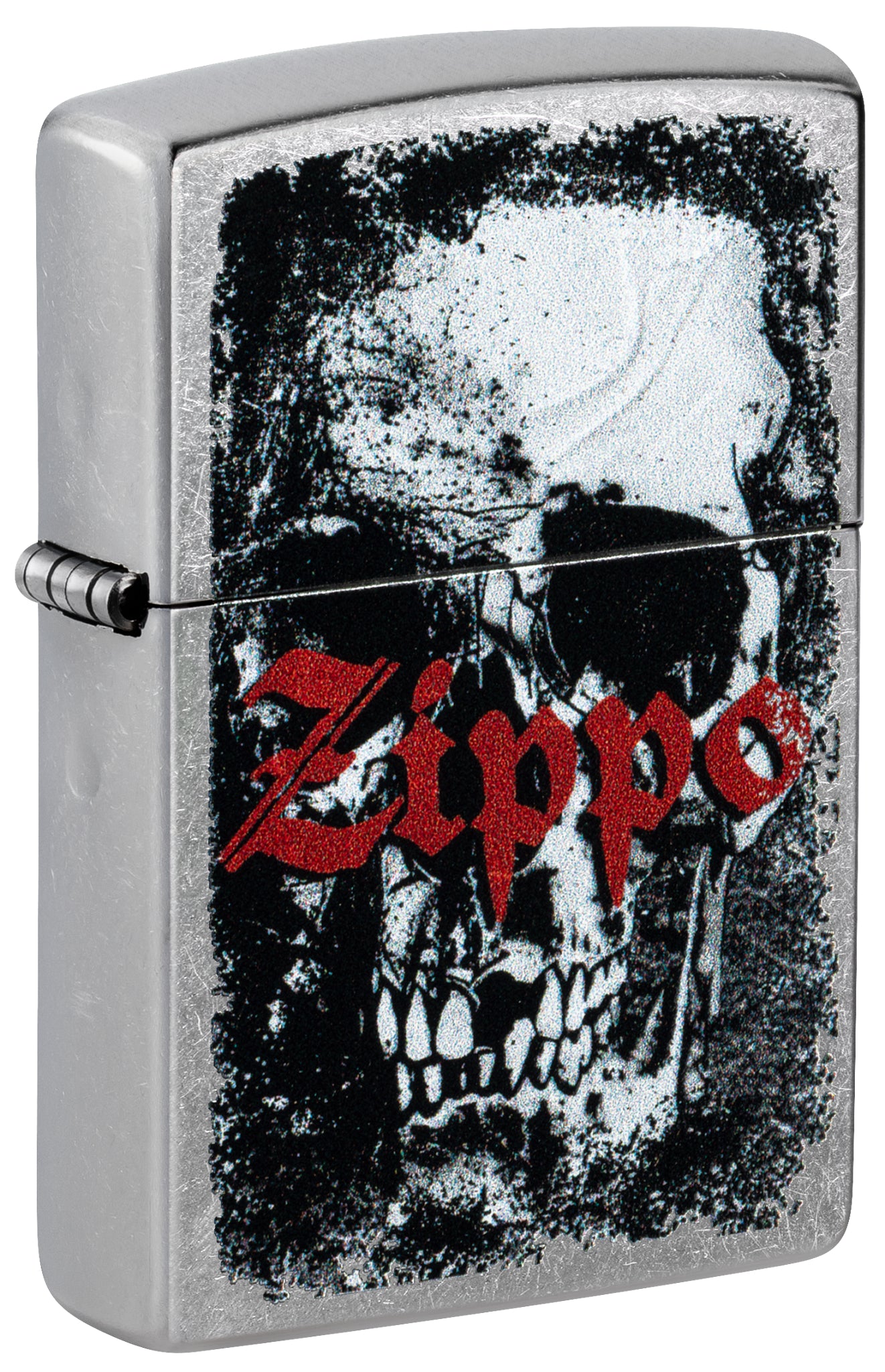 Front shot of Zippo Skull Design Street Chrome Windproof Lighter standing at a 3/4 angle.