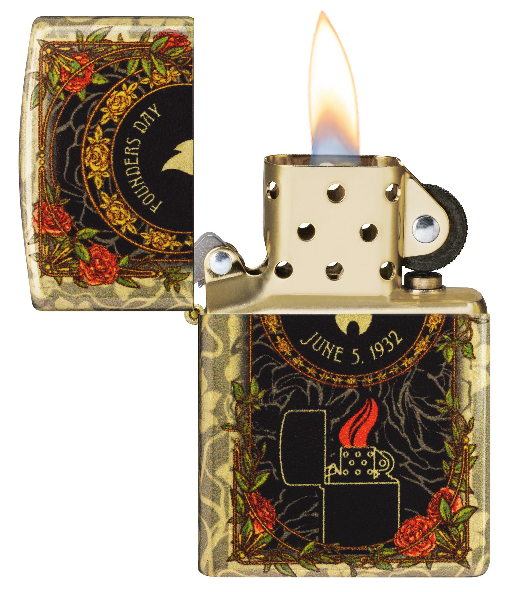 Zippo 2025 Founder's Day Collectible 540 Tumbled Brass Windproof Lighter with its lid open and lit.