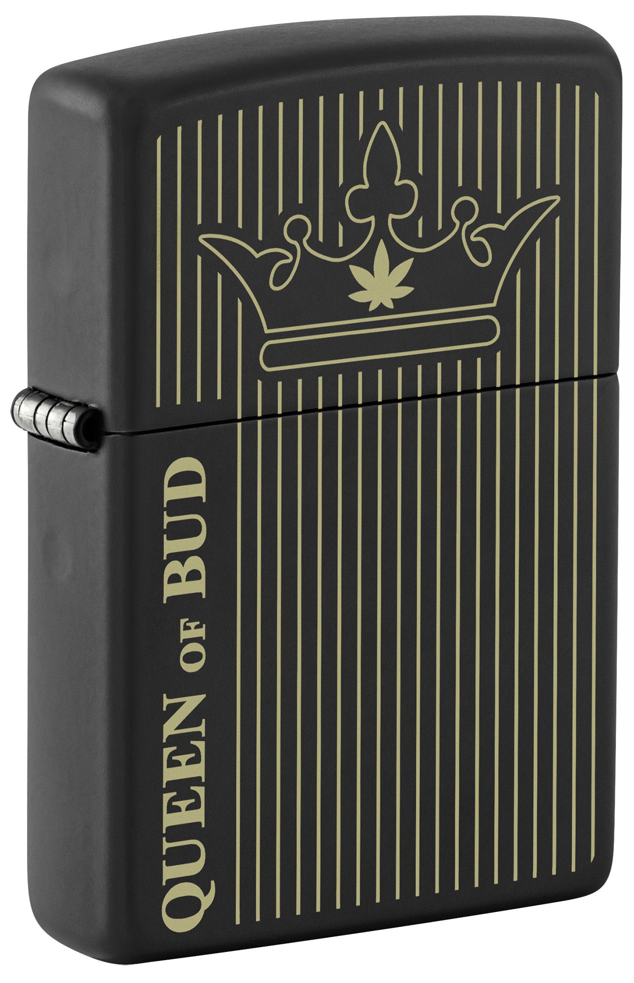 Front shot of Zippo Queen Of Bud Line Design Black Matte Windproof Lighter standing at a 3/4 angle.