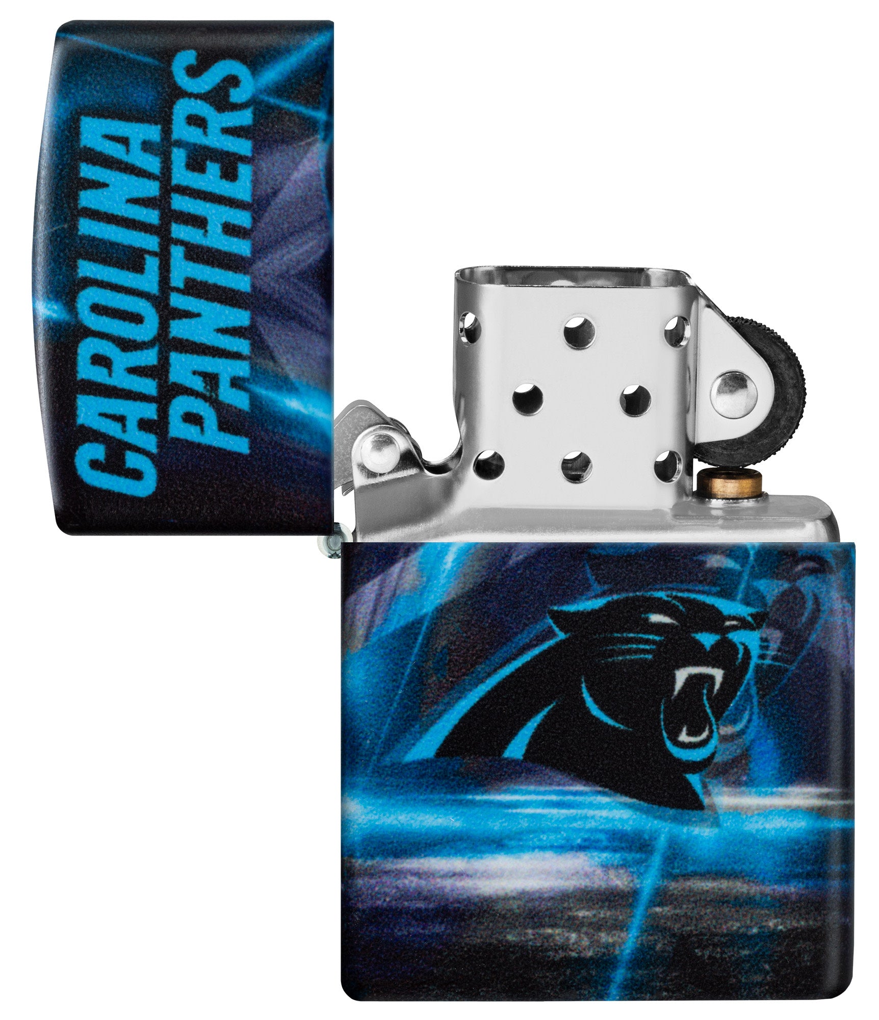 Zippo NFL Carolina Panthers 540 Matte Windproof Lighter with its lid open and unlit.