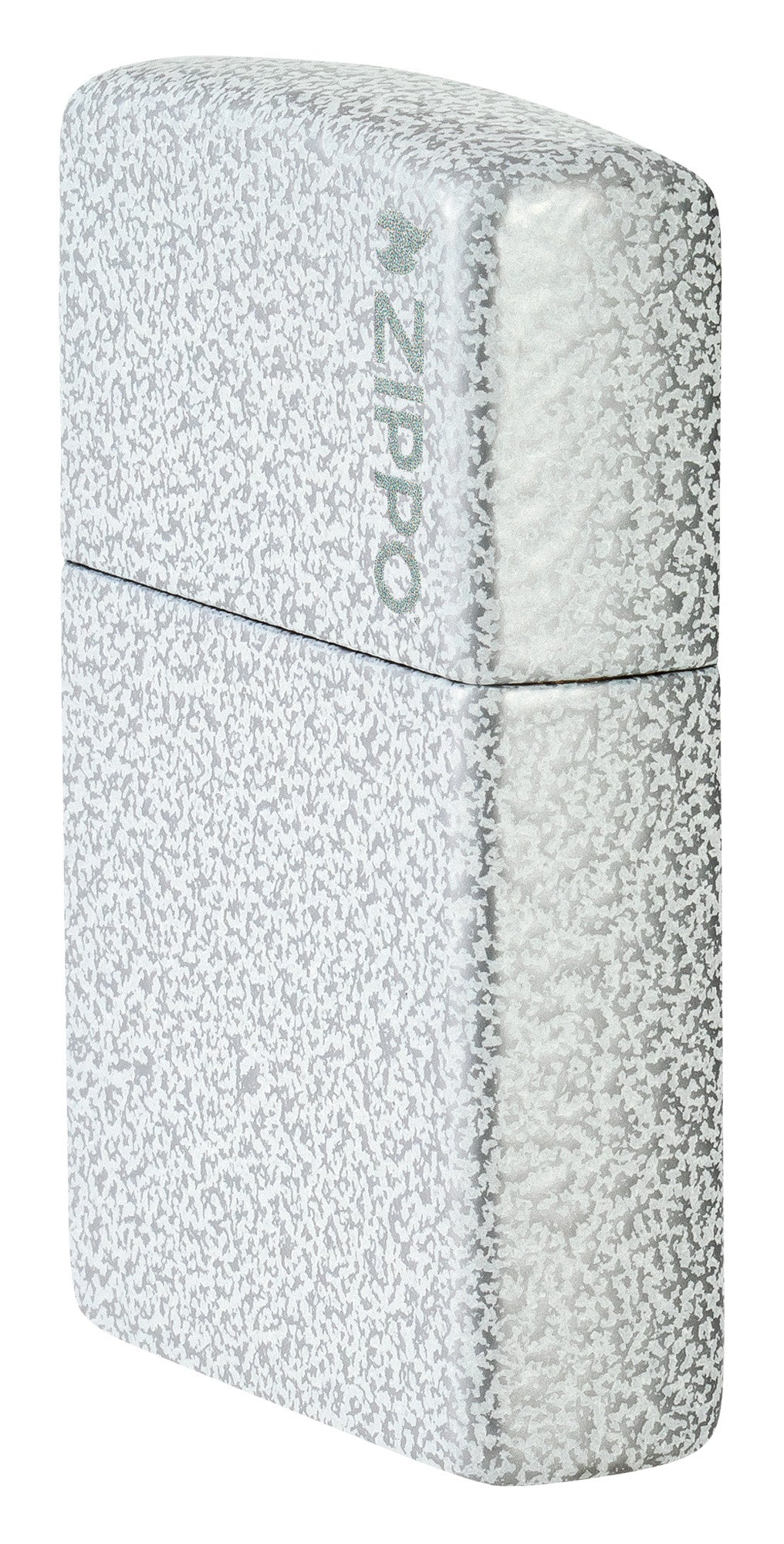 Angled shot of Zippo Classic Glacier Logo Windproof Lighter showing the front and right side of the lighter.