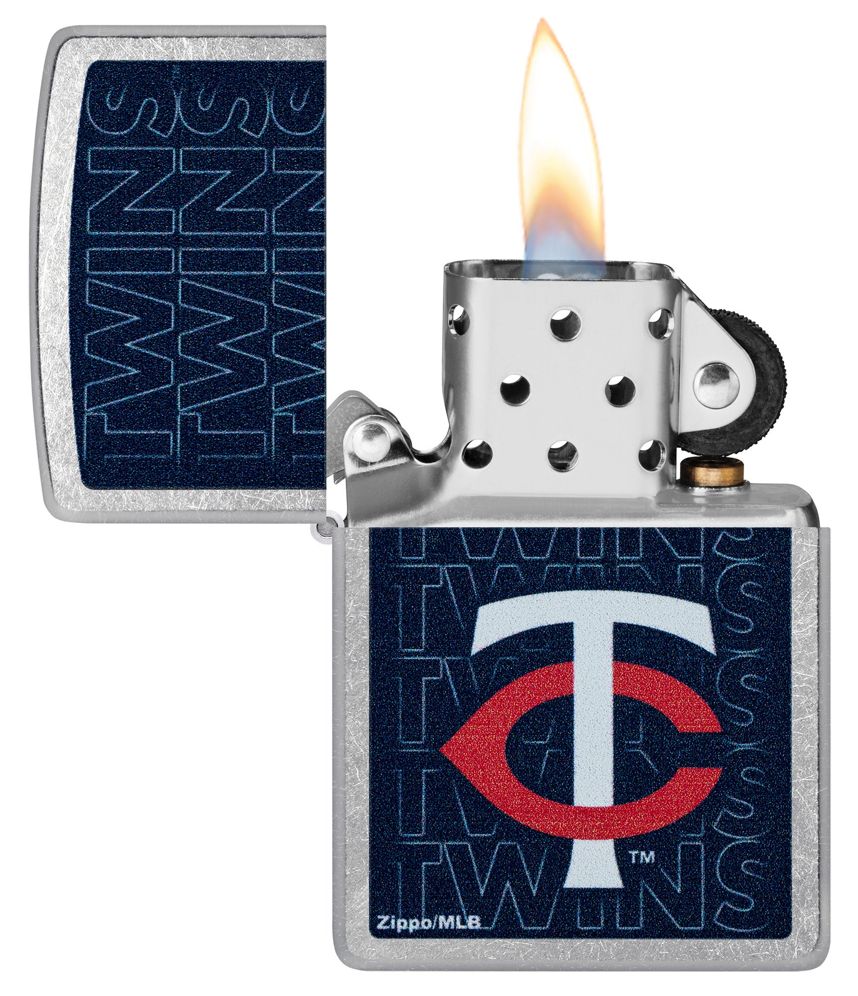 Zippo MLB® Minnesota Twins Street Chrome Windproof Lighter with its lid open and lit.