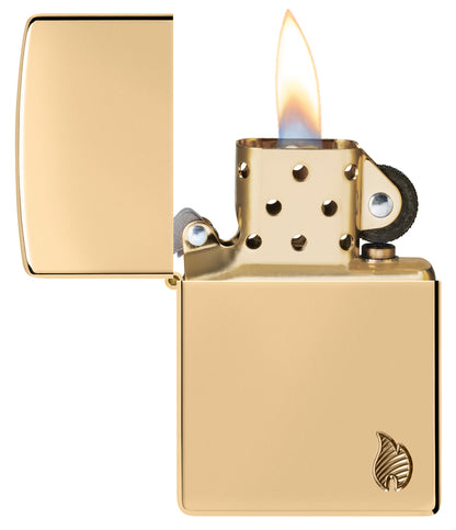 Zippo Armor® Series Flame High Polish Brass Windproof Lighter with its lid open and lit.