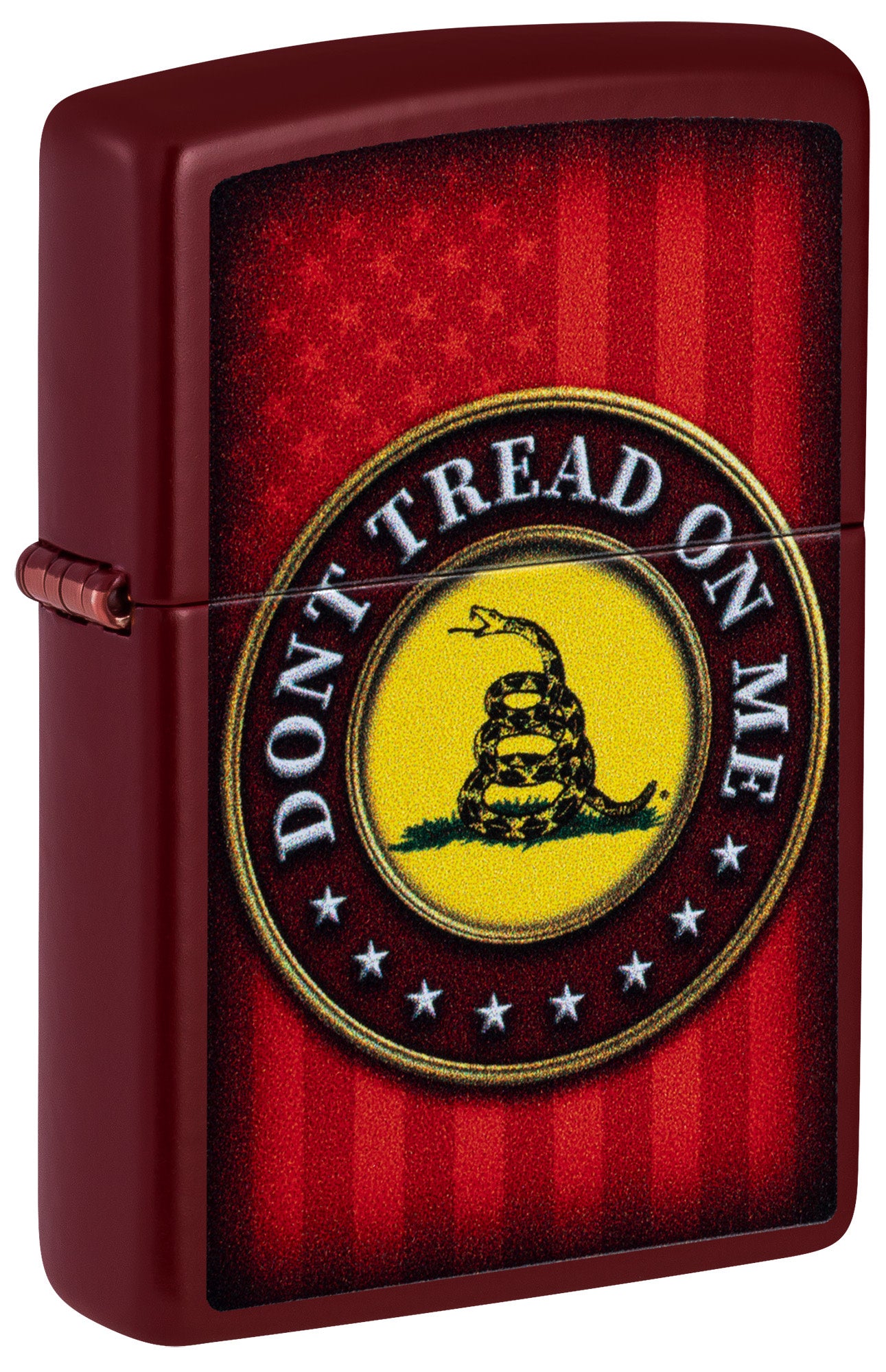 Front shot of Zippo Dont Tread on Me® Merlot Windproof Lighter standing at a 3/4 angle.