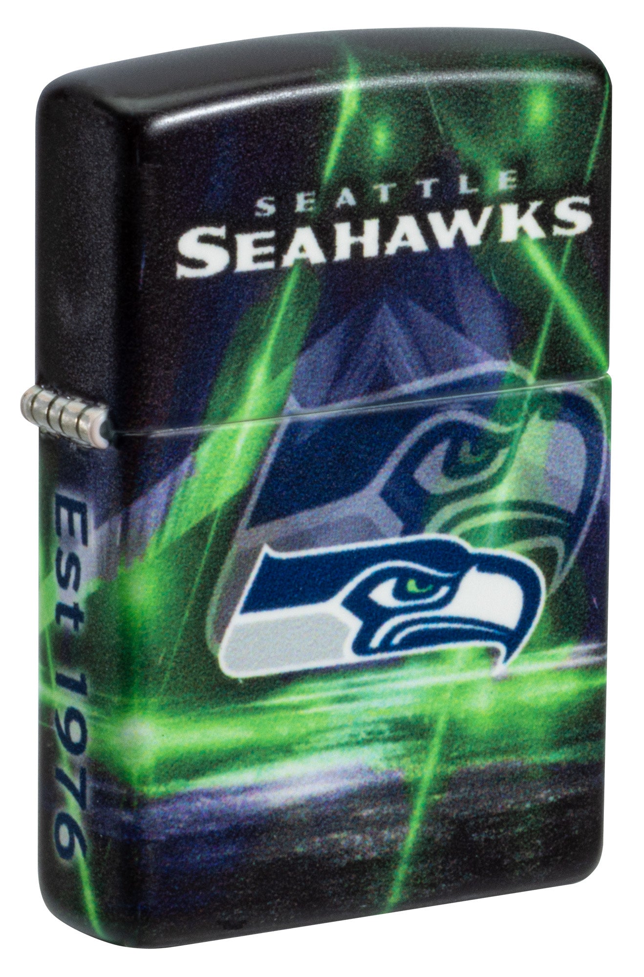 Front shot of Zippo NFL Seattle Seahawks 540 Matte Windproof Lighter standing at a 3/4 angle.