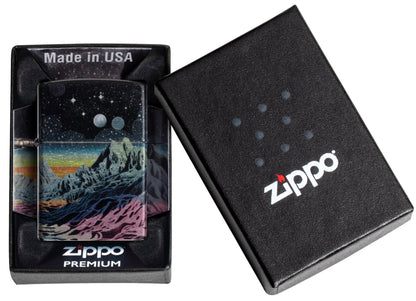 Zippo Space in Color Design 540 Tumbled Chrome Windproof Lighter in its packaging.