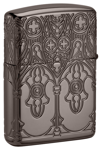 Back shot of Zippo Gothic Window Design Armor® Black Ice® Windproof Lighter standing at a 3/4 angle.