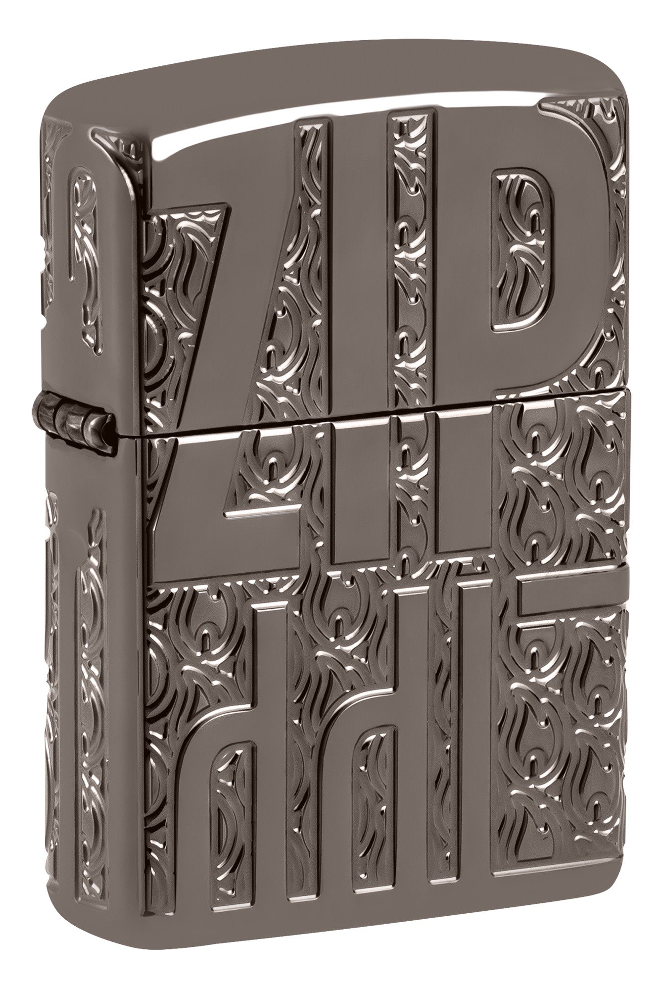 Front shot of Zippo Reverse Carve Zippo Design Armor® Black Ice® Windproof Lighter standing at a 3/4 angle.