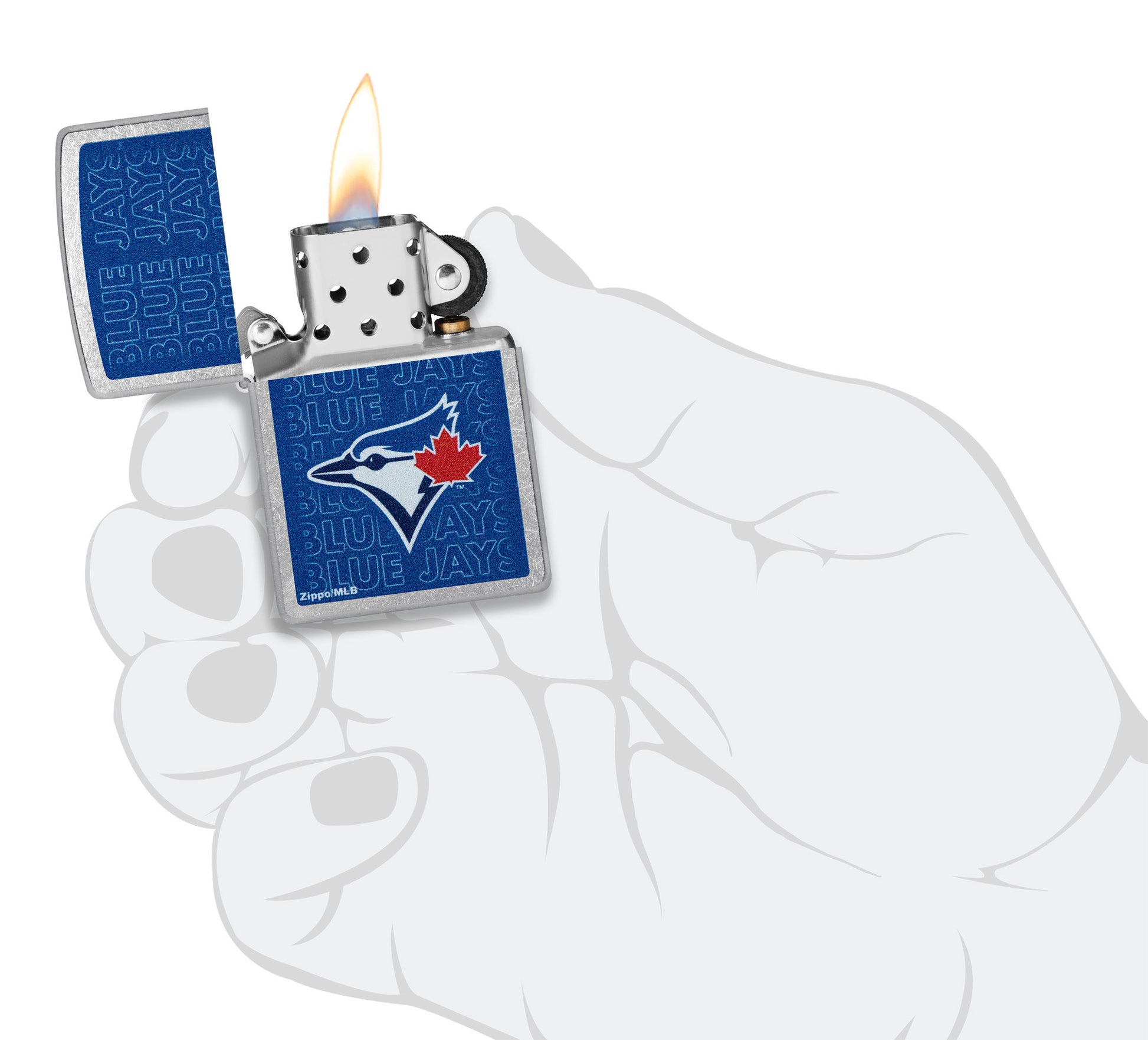 Zippo MLB® Toronto Blue Jays Street Chrome Windproof Lighter lit in hand.