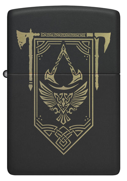 Front view of Zippo Assassin's Creed Design Black Matte Windproof Lighter.