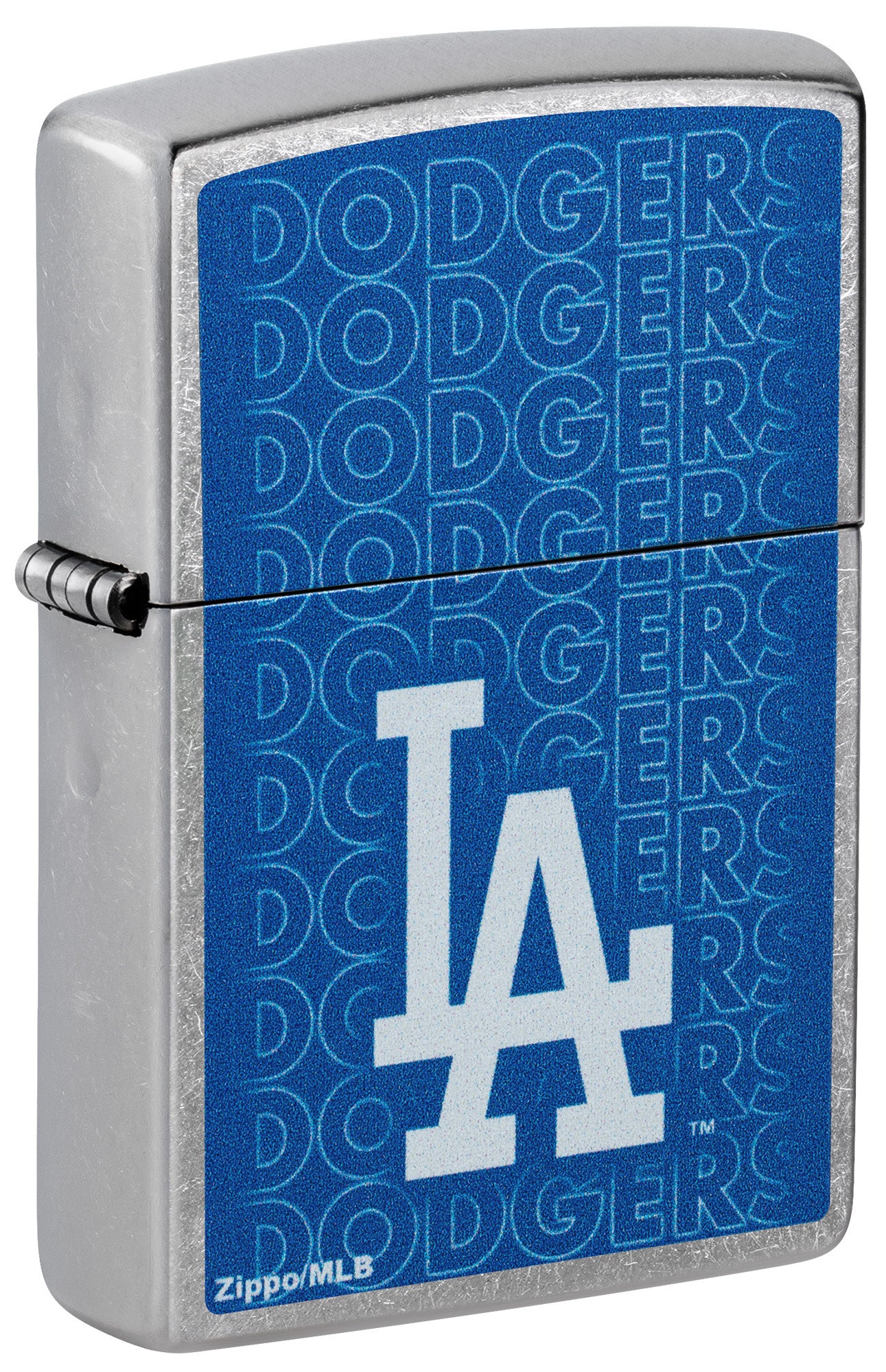 Front shot of Zippo MLB® Los Angeles Dodgers Street Chrome Windproof Lighter standing at a 3/4 angle.