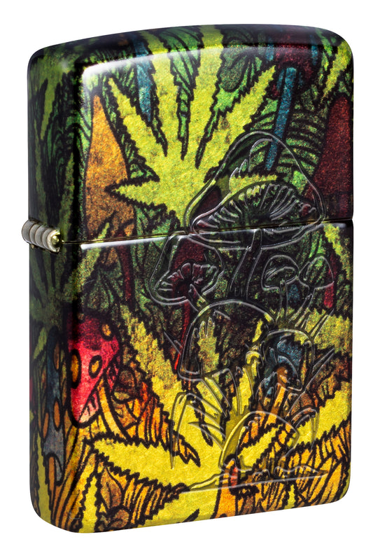 Front shot of Zippo Fungi Fusion Design 540 Tumbled Brass Windproof Lighter standing at a 3/4 angle.