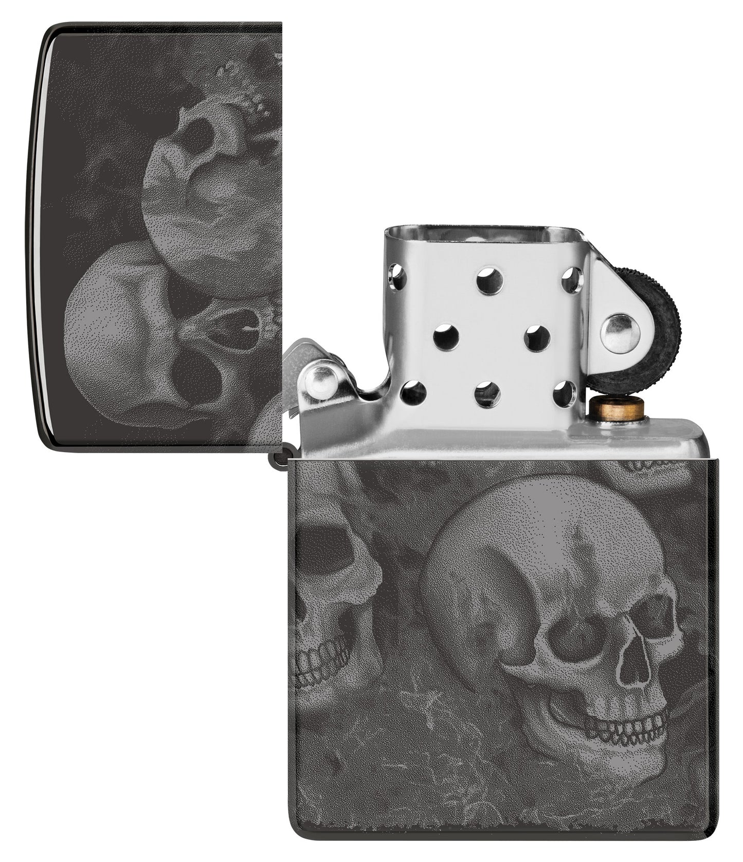 Zippo Skulls High Polish Black Windproof Lighter with its lid open and unlit.