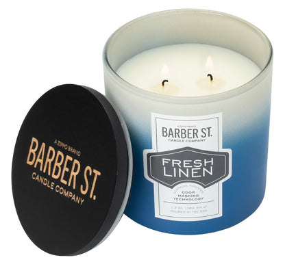 Front shot of Zippo Barber Street Fresh Linen Odor Masking Candle, with it's lid off