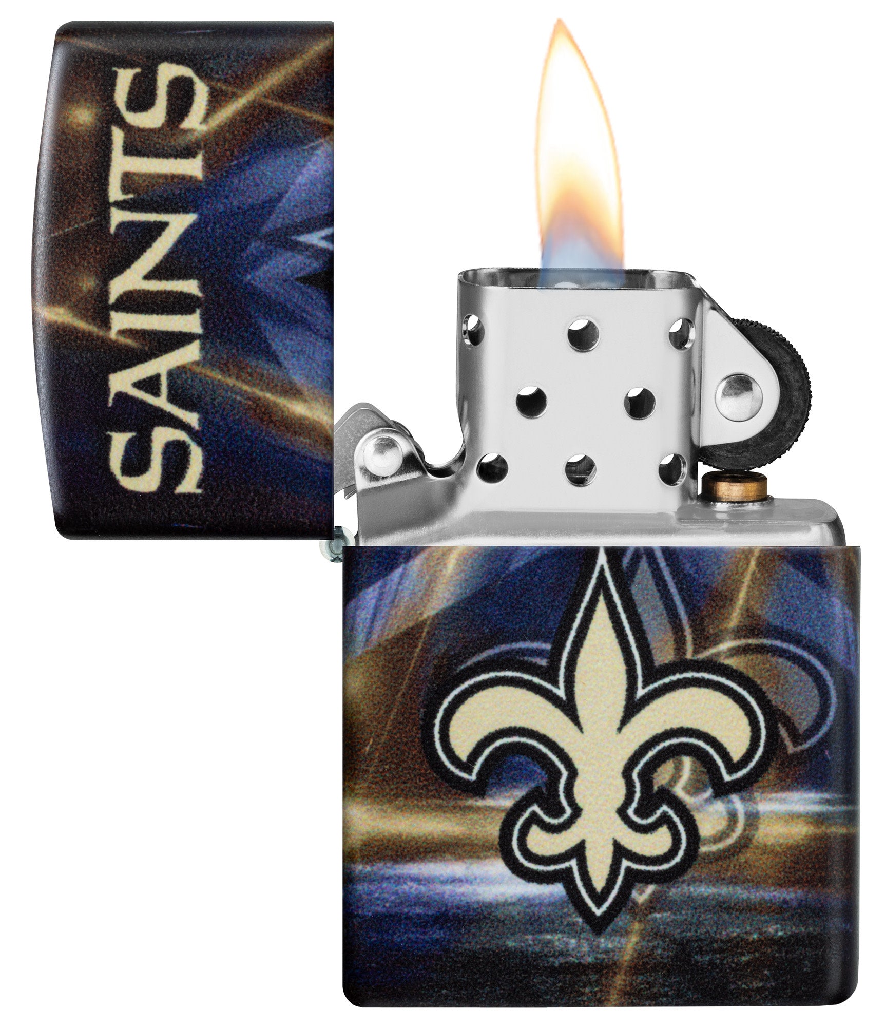 Zippo NFL New Orleans Saints 540 Matte Windproof Lighter with its lid open and lit.