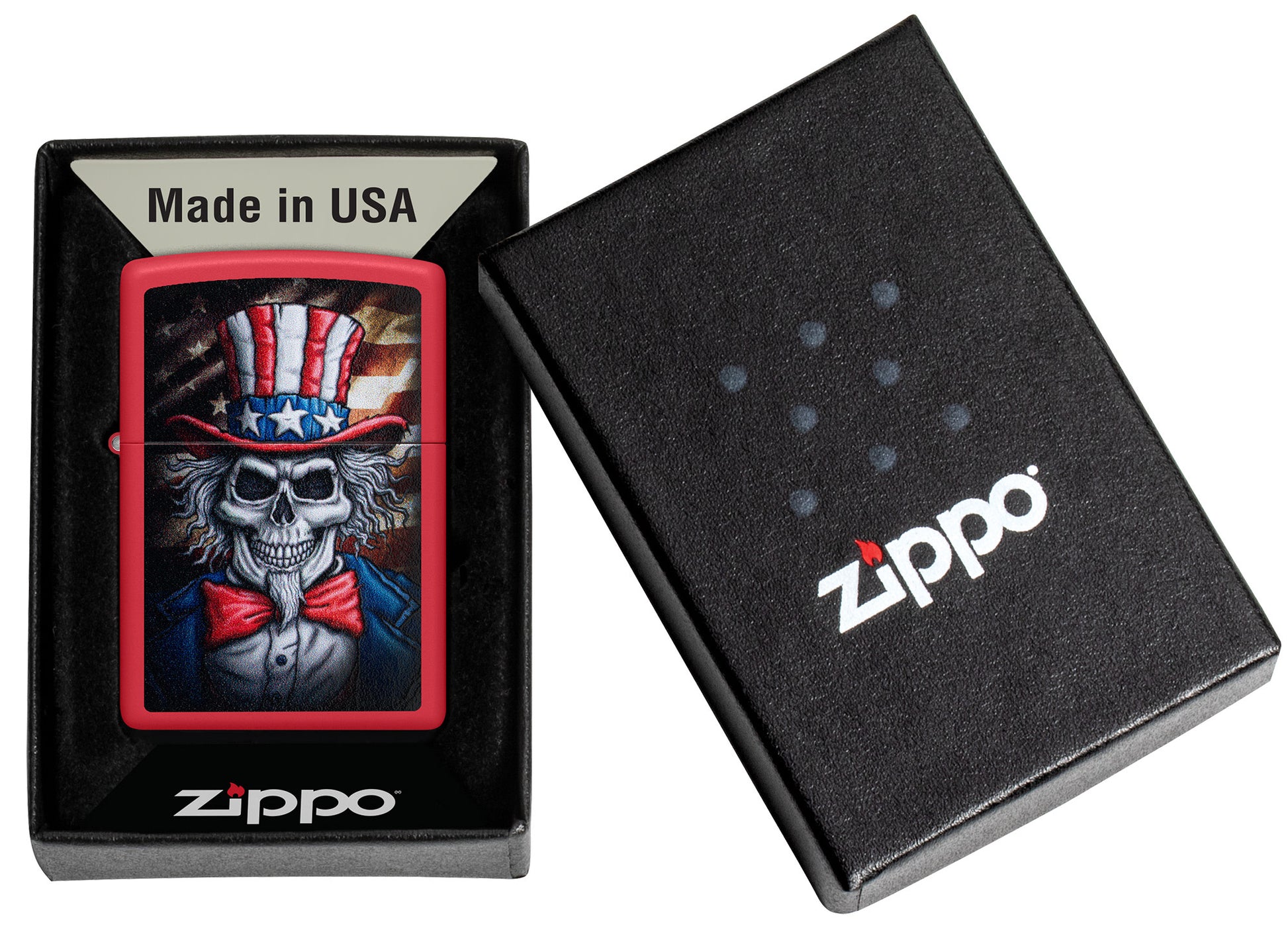 Zippo Uncle Skeleton Design Red Matte Windproof Lighter in its packaging.