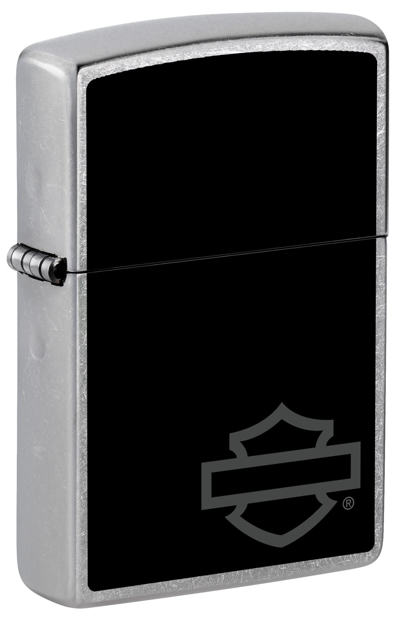 Front view of Zippo Harley Davidson Fuel Canister Gift Set lighter standing at a 3/4 angle.