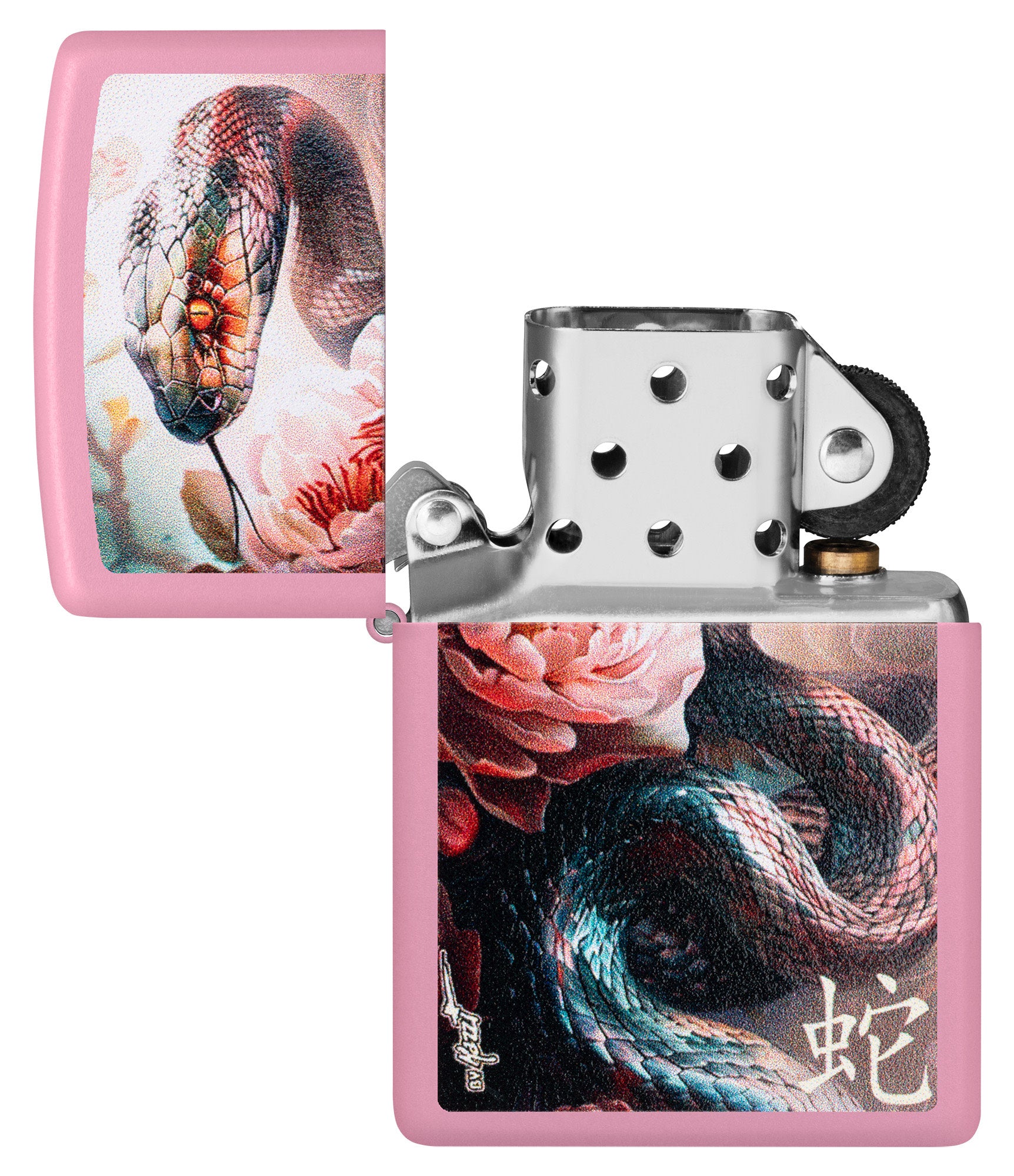 Zippo Mazzi® Snake and Flower Design Pink Matte Windproof Lighter with its lid open and unlit.