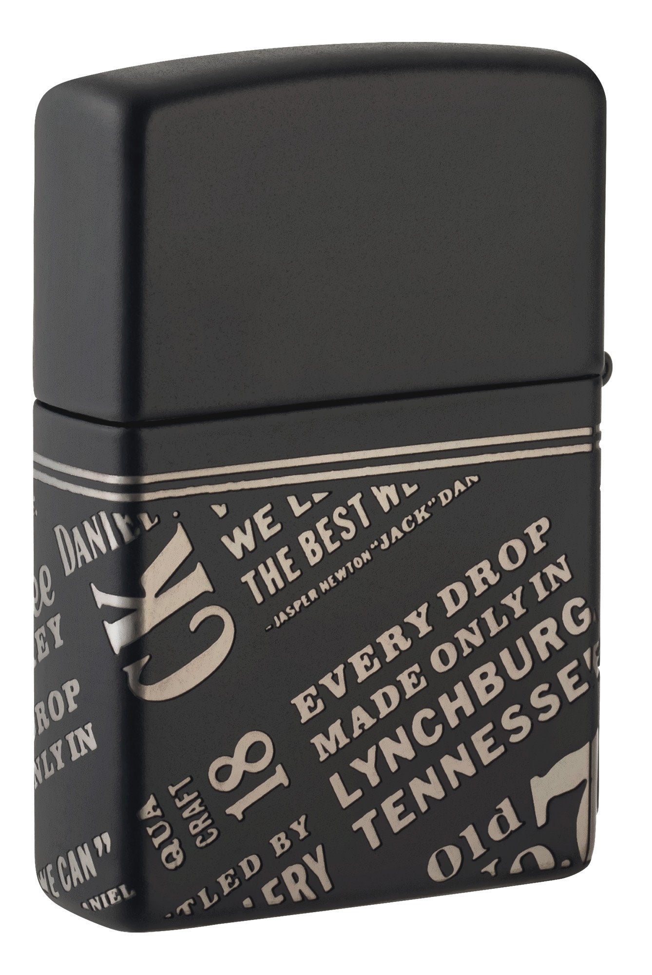 Back shot of Zippo Jack Daniel's® Every Drop Design Regular Media Chrome Black Matte Windproof Lighter standing at a 3/4 angle.