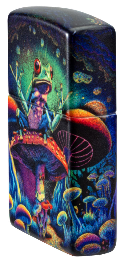 Angled shot of Zippo Zen Frog Design Glow in the Dark Matte Windproof Lighter showing the front and right sides of the lighter.