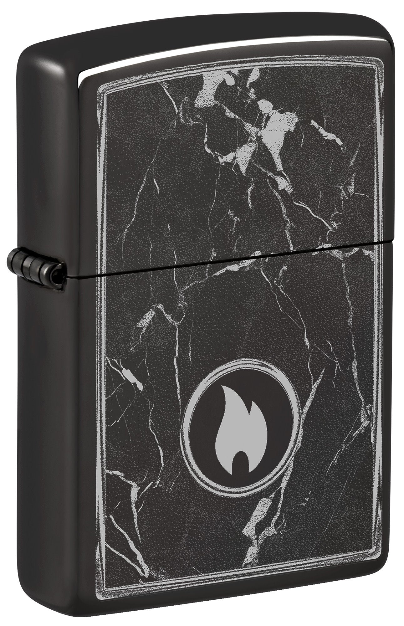 Front shot of Zippo Marble Flame Design High Polish Black Windproof Lighter standing at a 3/4 angle.