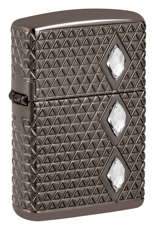 Front shot of Zippo Diamond Pattern Design Armor® Black Ice® Windproof Lighter standing at a 3/4 angle.