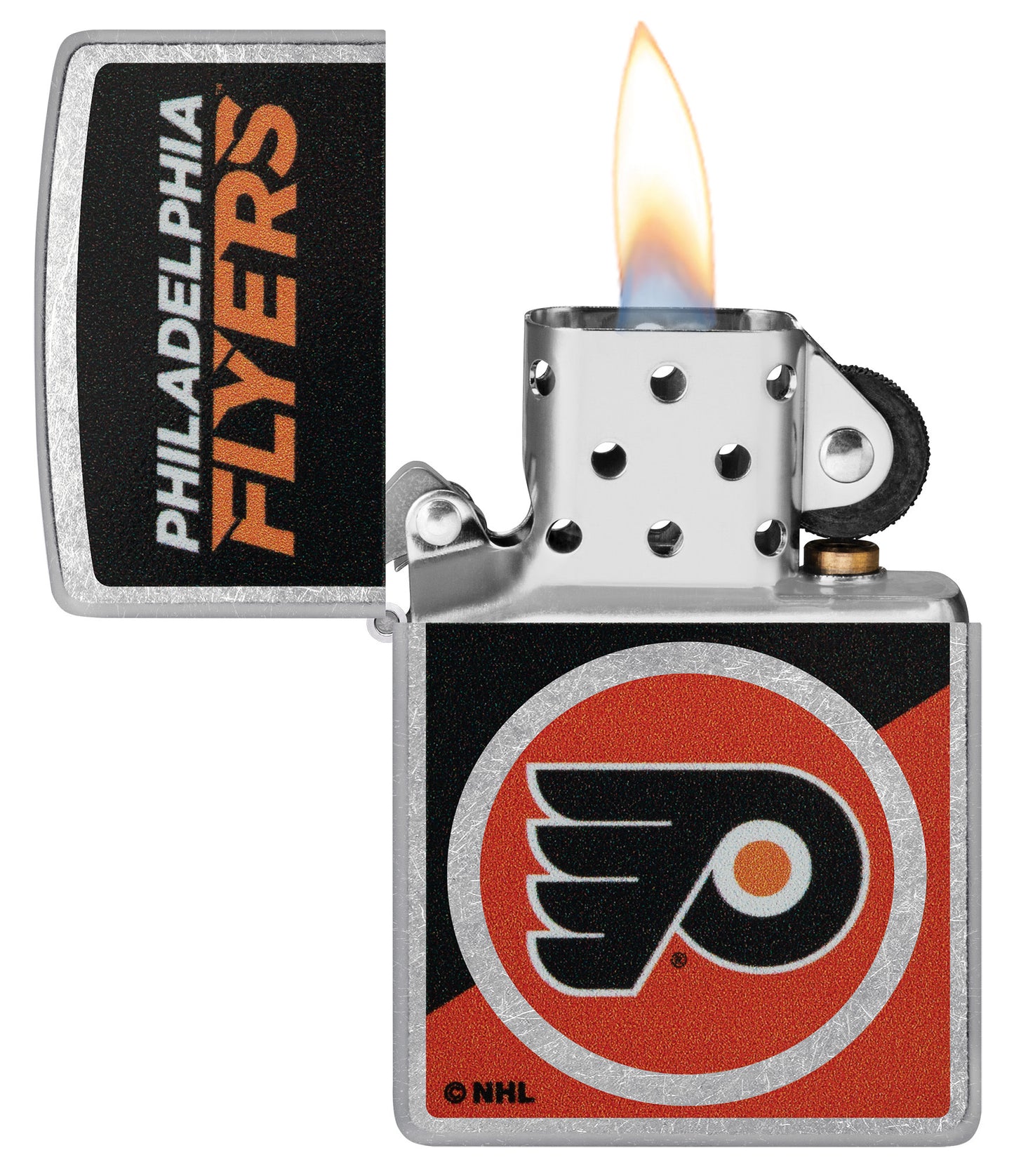 Zippo NHL® Philadelphia Flyers® 2024 Street Chrome™ Windproof Lighter with its lid open and unlit.