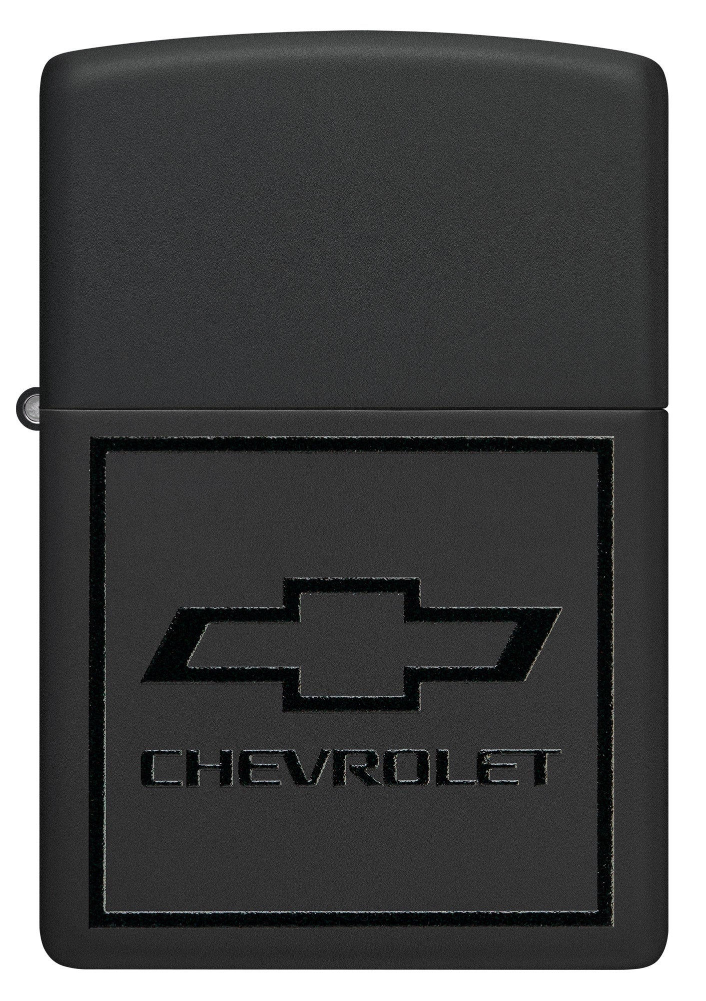 Front view of Zippo Chevrolet® Bowtie Design Black Matte Windproof Lighter.