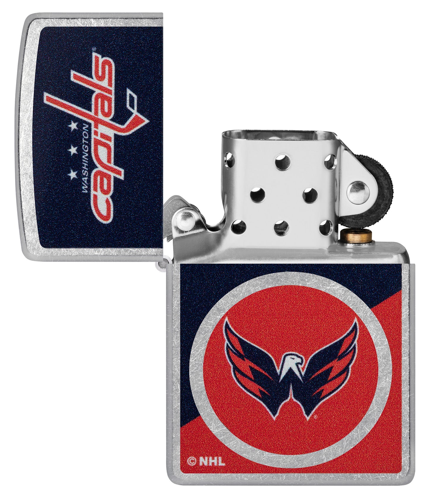 Zippo NHL® Washington Capitals® 2024 Street Chrome™ Windproof Lighter lit in hand.