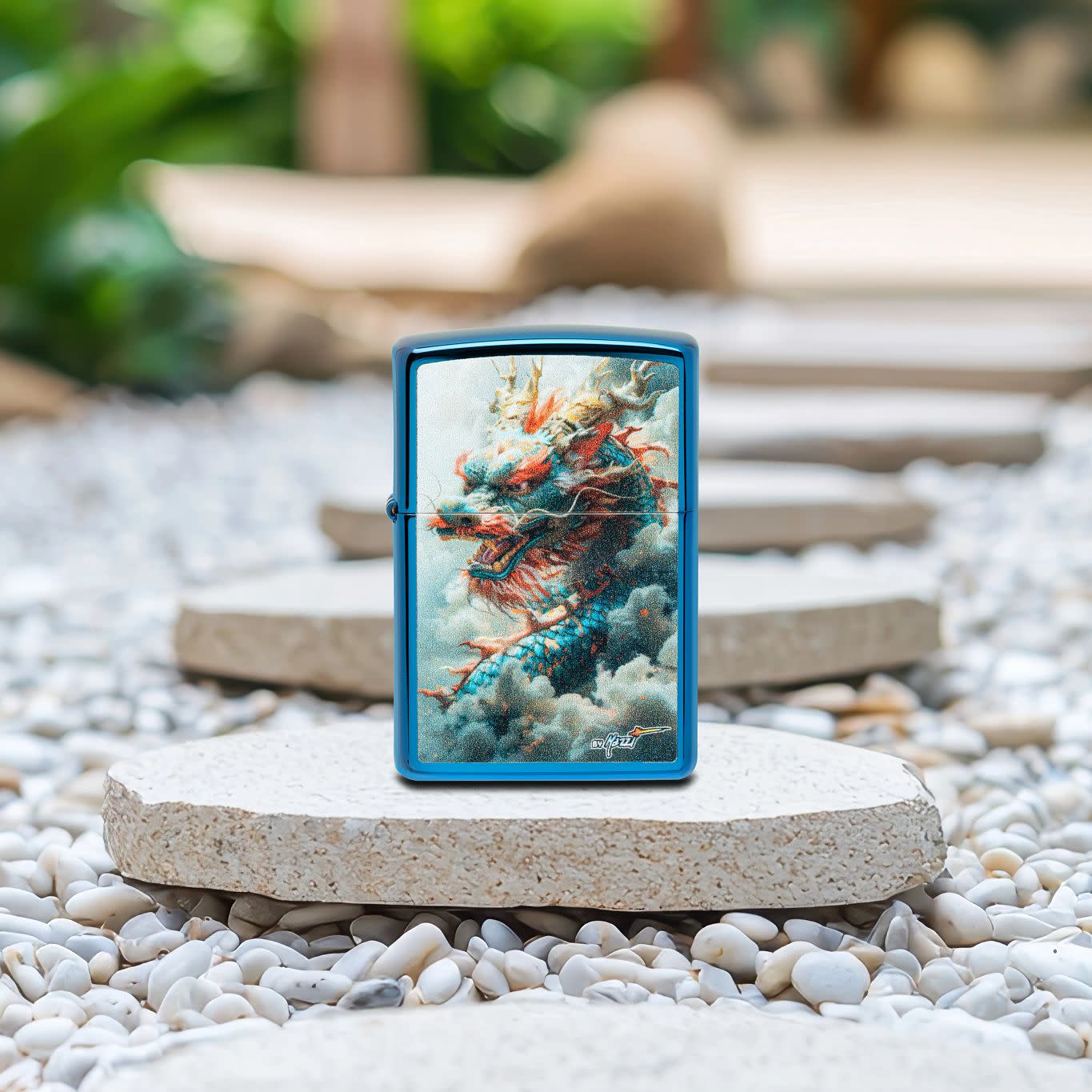 Lifestyle image of Zippo Mazzi® Dragon Design High Polish Blue Windproof Lighter standing on a stepping stone on a garden path.