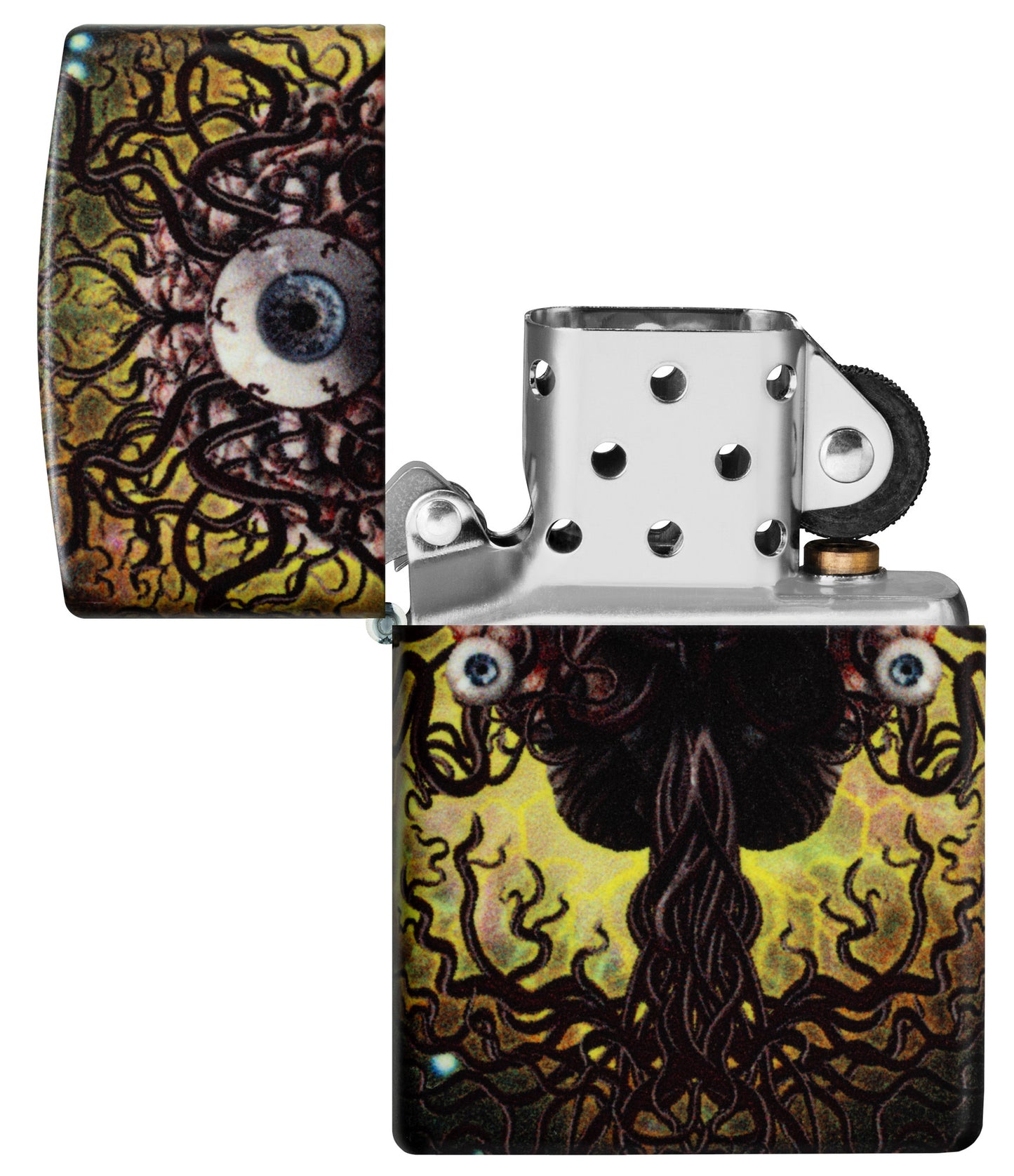 Zippo Evil Eye Design 540 Glow in the Dark Windproof Lighter with its lid open and unlit.