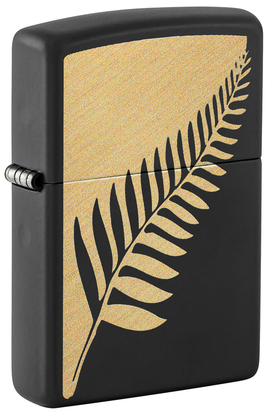 Front shot of Zippo Zen Flora Design Black Matte Windproof Lighter standing at a 3/4 angle.