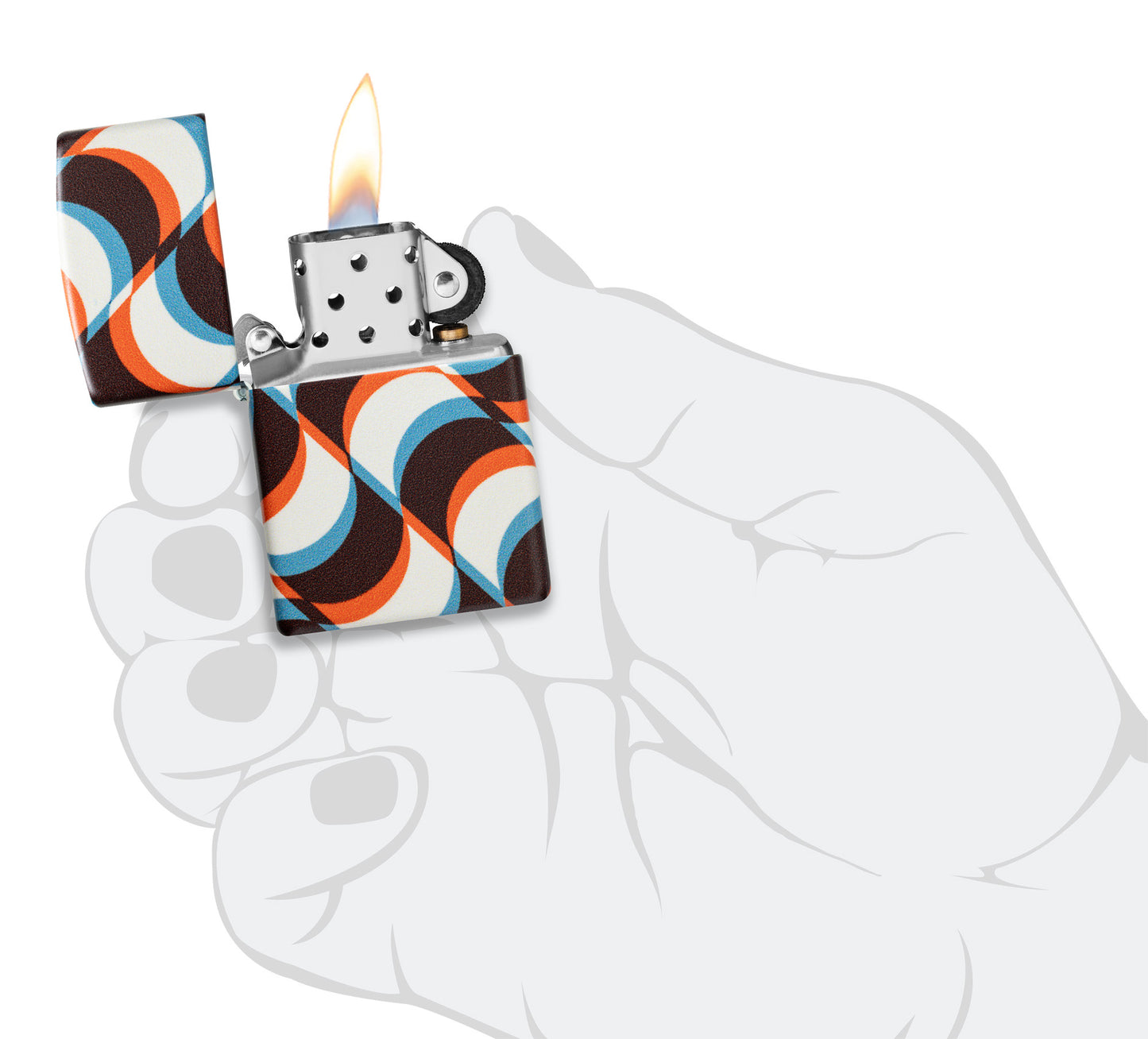 Zippo Funky Pattern Design 540 Matte Windproof Lighter lit in hand.