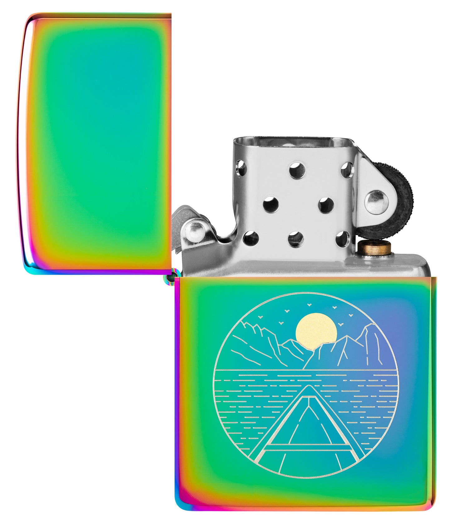 Zippo Moon Canoe Design Multi Color Windproof Lighter with its lid open and unlit.