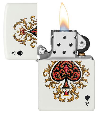 Zippo Ace of Jokes 2-Sided White Matte Windproof Lighter with its lid open and lit.