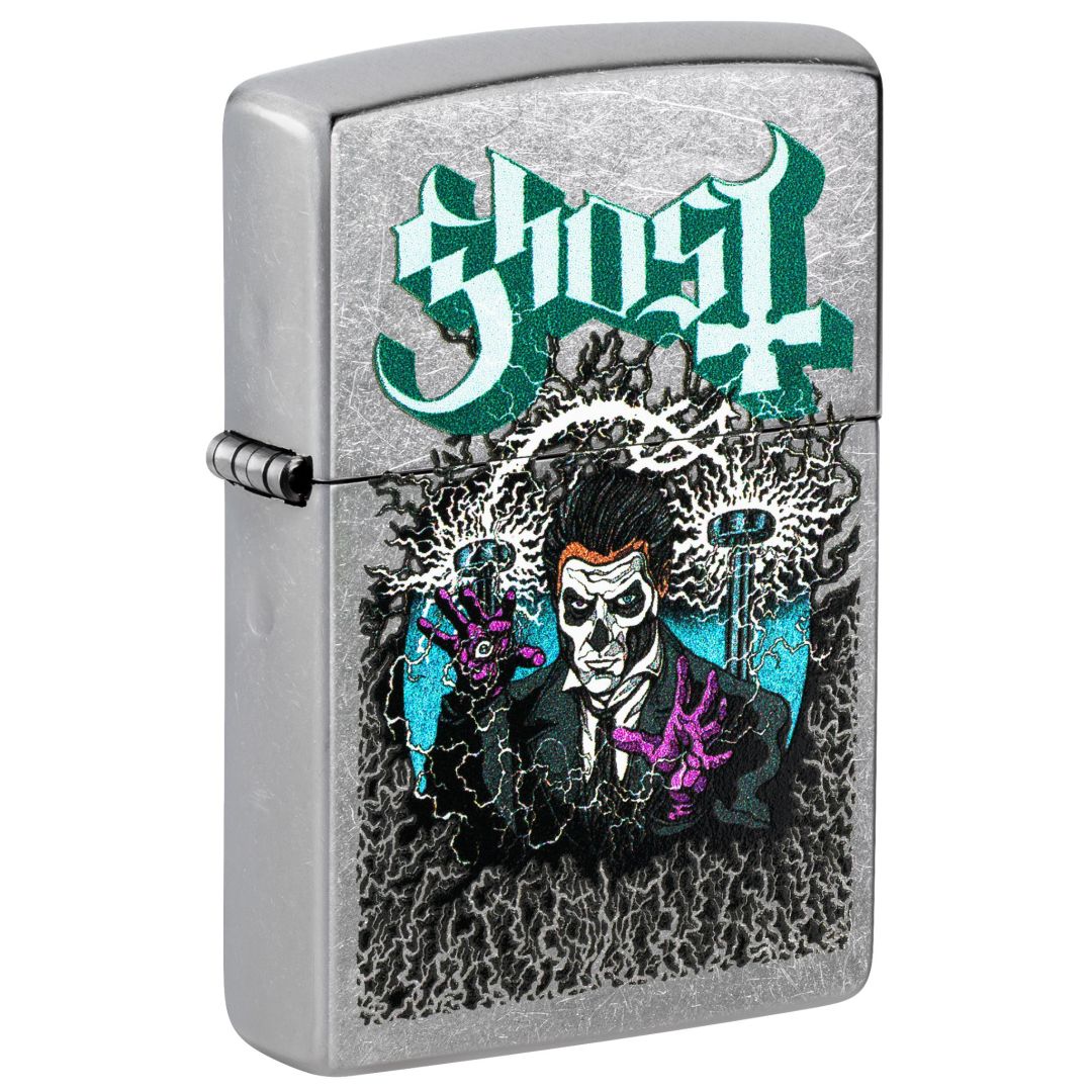 Front shot of Zippo Ghost Papa III Design Classic Street Chrome Windproof Lighter standing at a 3/4 angle.