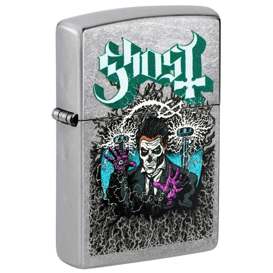 Front shot of Zippo Ghost Papa III Design Classic Street Chrome Windproof Lighter standing at a 3/4 angle.