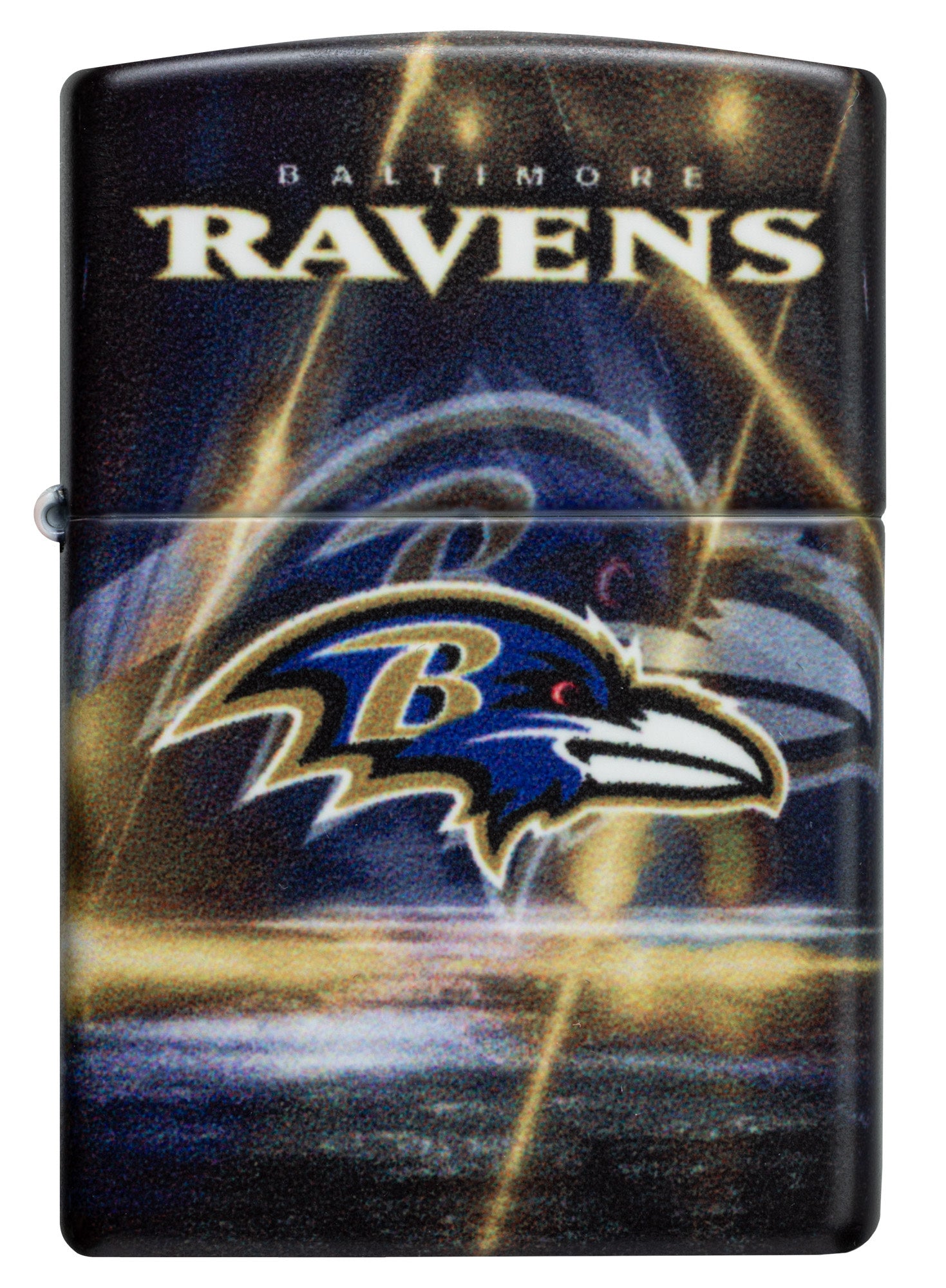 Front view of Zippo NFL Baltimore Ravens 540 Matte Windproof Lighter.