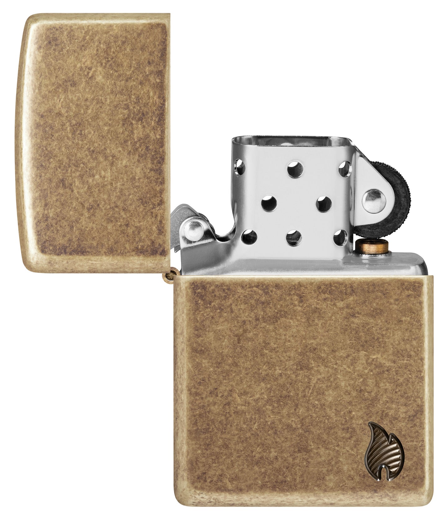 Zippo Armor® Series Flame Antique Brass Windproof Lighter with its lid open and unlit.