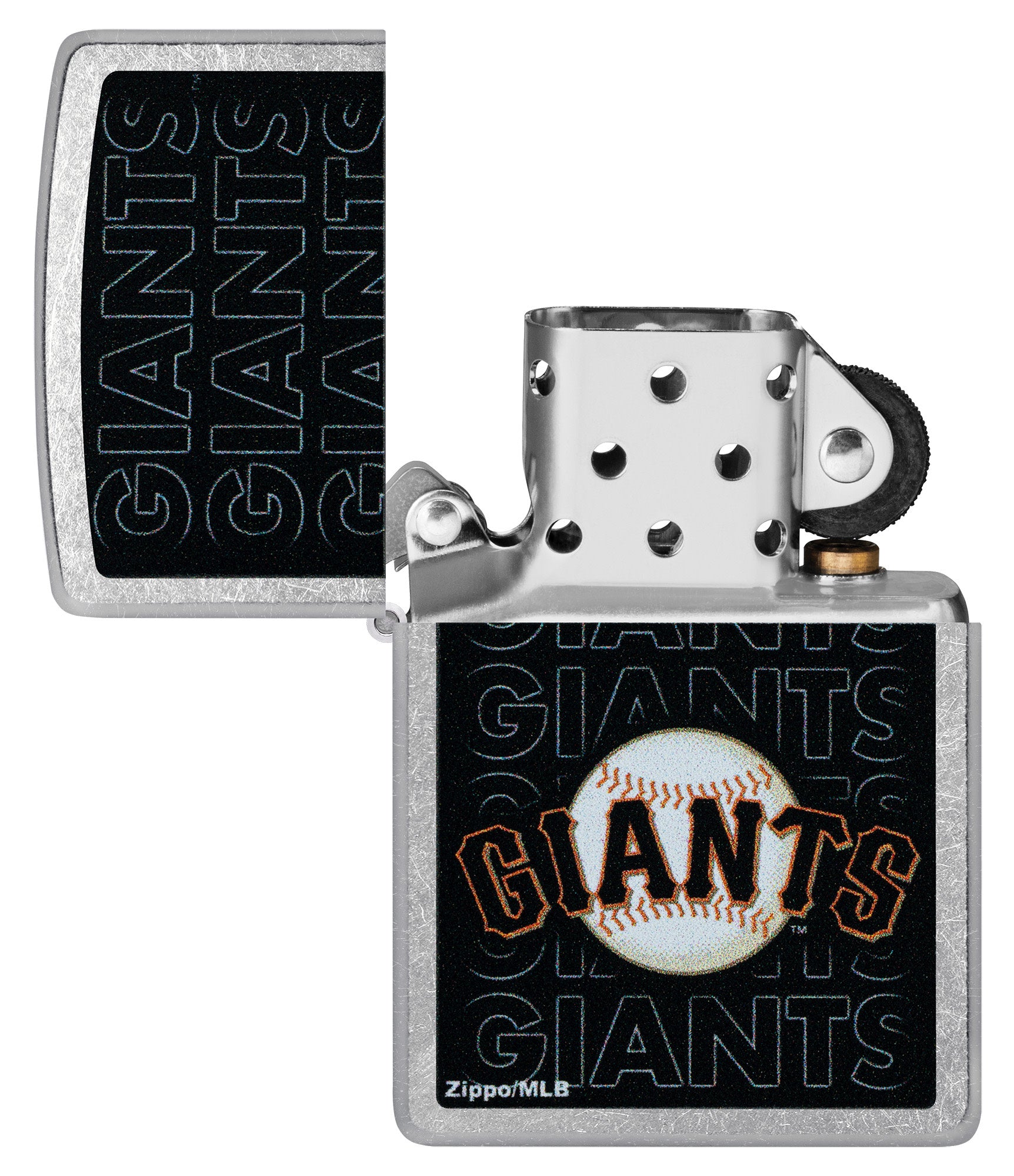 Zippo MLB® San Francisco Giants Street Chrome Windproof Lighter with its lid open and unlit.