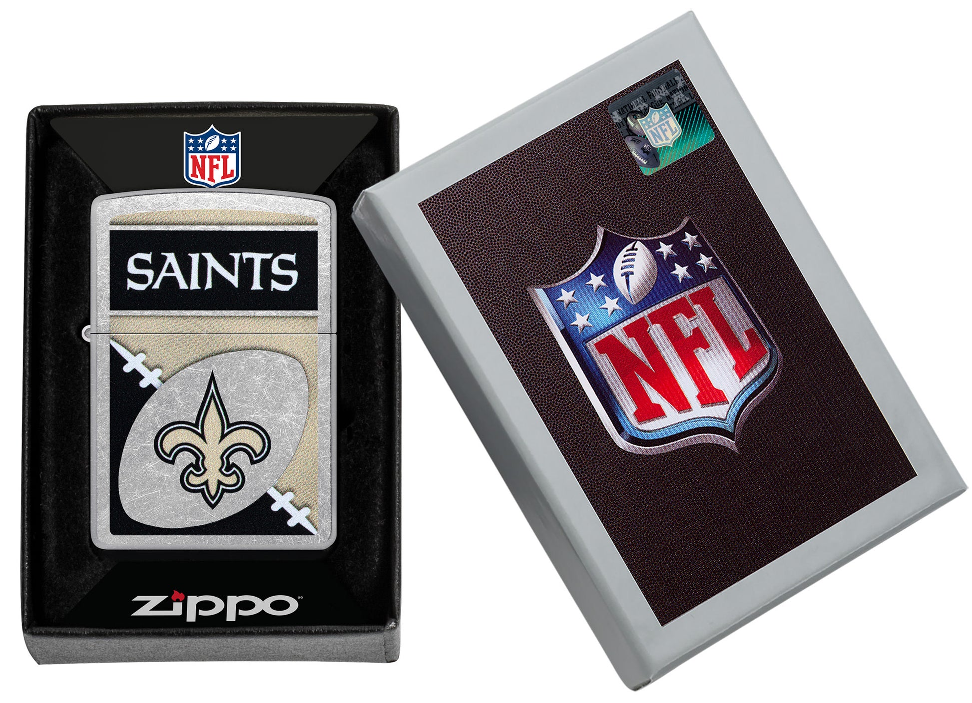 Zippo NFL New Orleans Saints Street Chrome Windproof Lighter in its packaging.