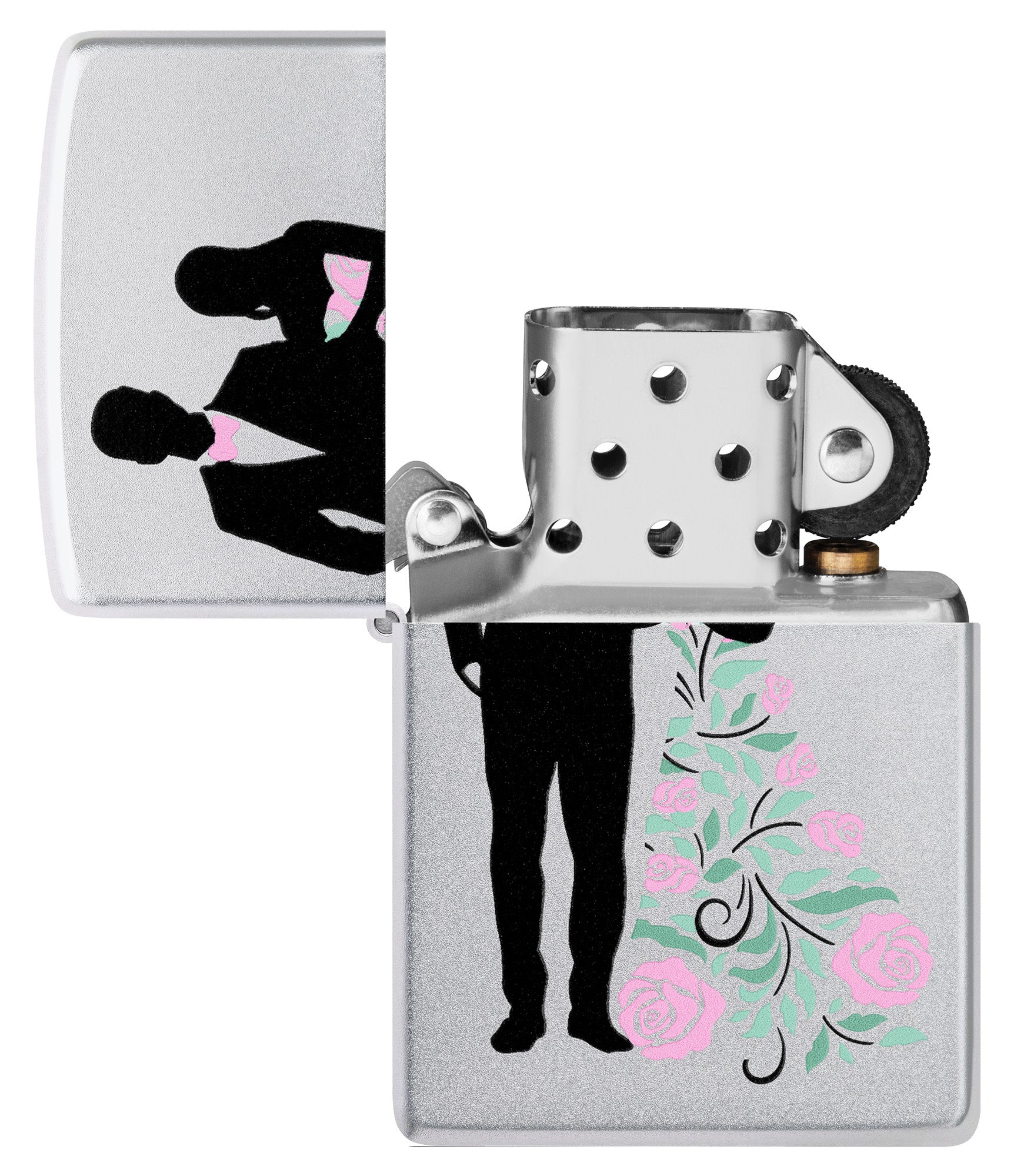 Wedding Couple Design Windproof Lighter with its lid open and unlit